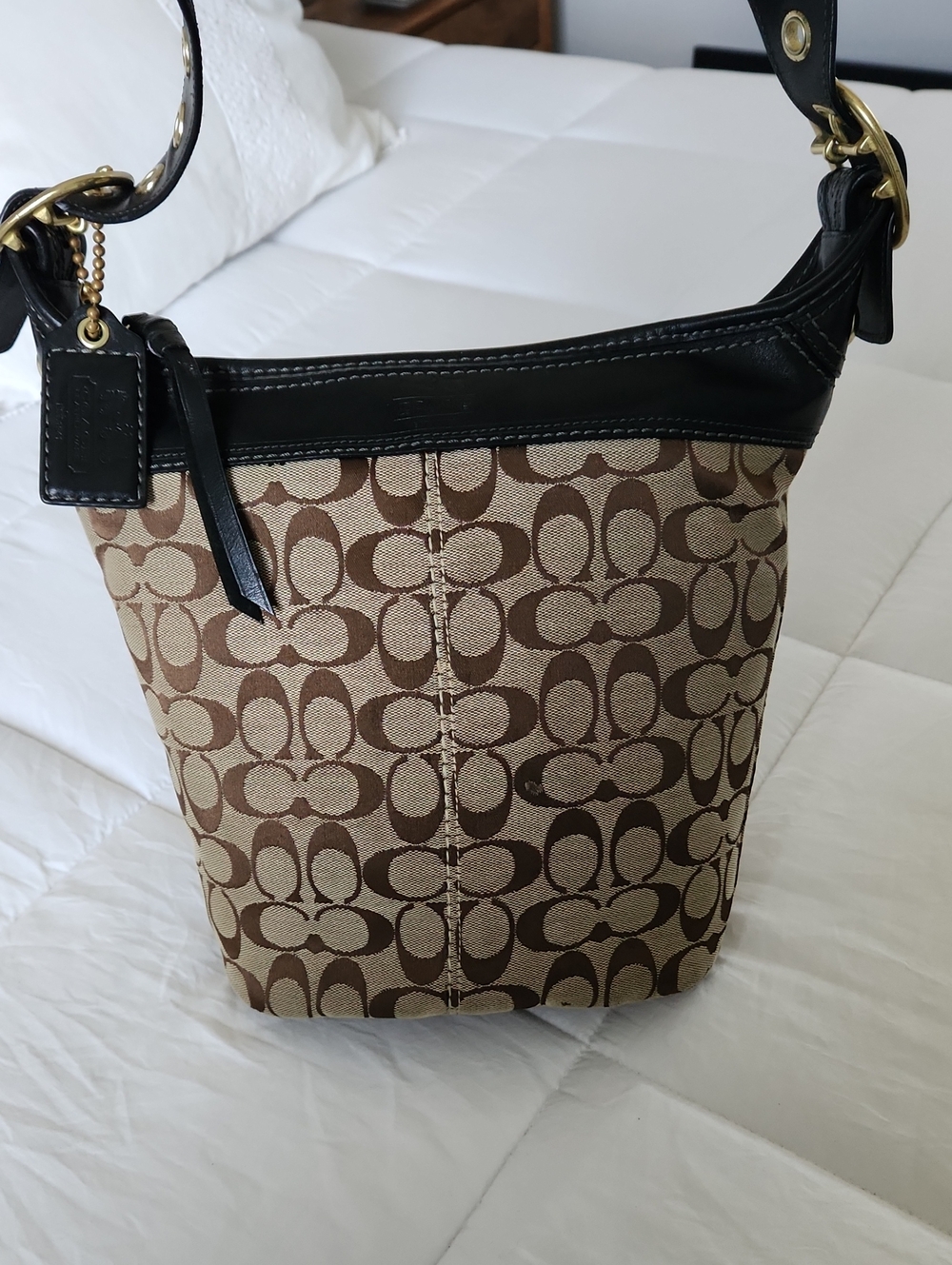 Coach Brown Signature Canvas Shoulder Bag with Black Trim
